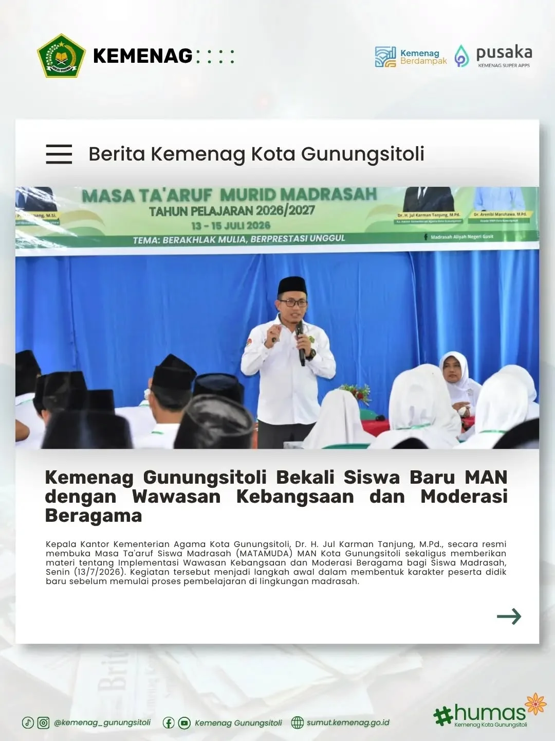 Buka MATAMUDA MAN Gunungsitoli, Kankemenag Tekankan Moderasi Beragama untuk Bangun Karakter Generasi Muda