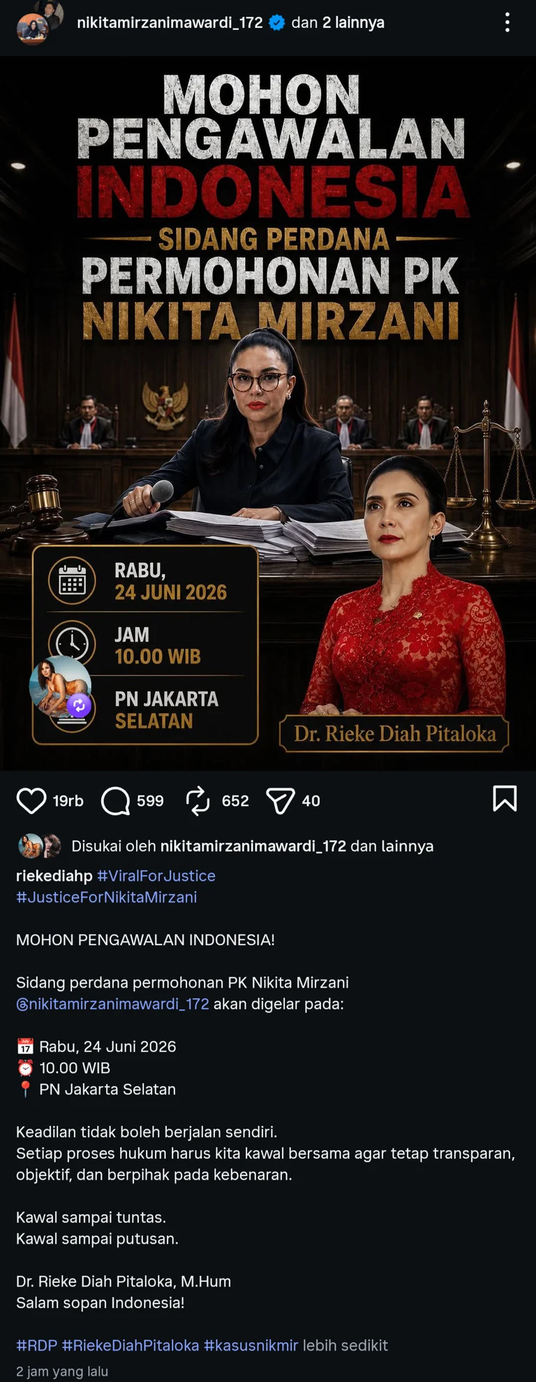 Nikita Mirzani Menang Banding, Rieke Diah Pitaloka Minta MA Uji Ulang Kasus Pidananya