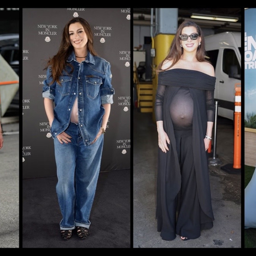 Gaya Maternity Anne Hathaway Dipenuhi Romansa dan Warna Primer